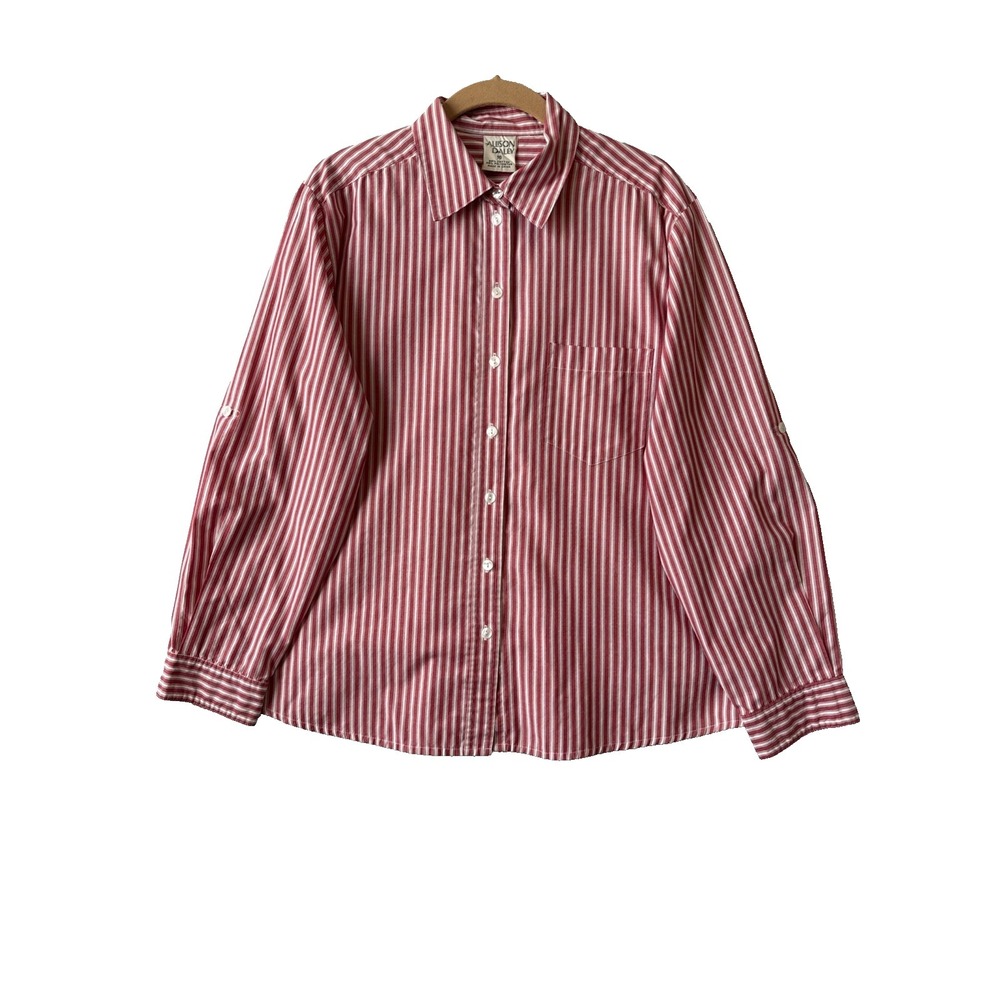 Allison Daley Red White Striped Roll Tab Sleeve Button Up Shirt Women's 16 Chic